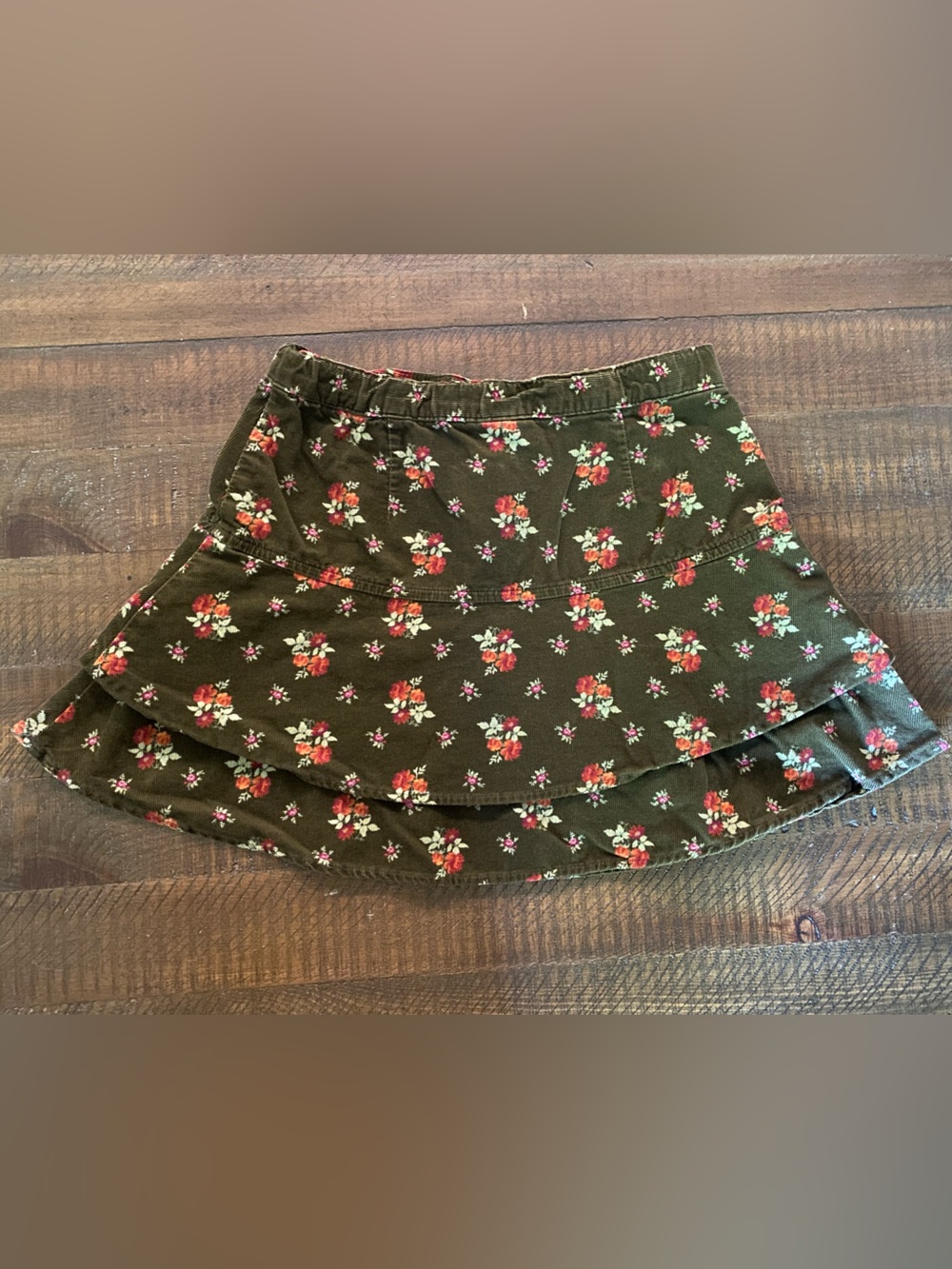 Floral Corduroy Tiered A-Line Skirt in Brown, Size 7 - Picture 2 of 4